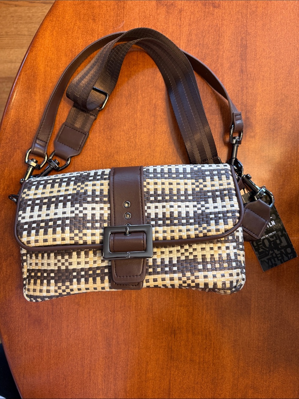 Woven Brown and Cream Crossbody Bag with Buckle Detail